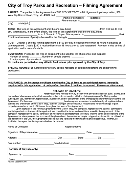 Filming Agreement Form Printable pdf