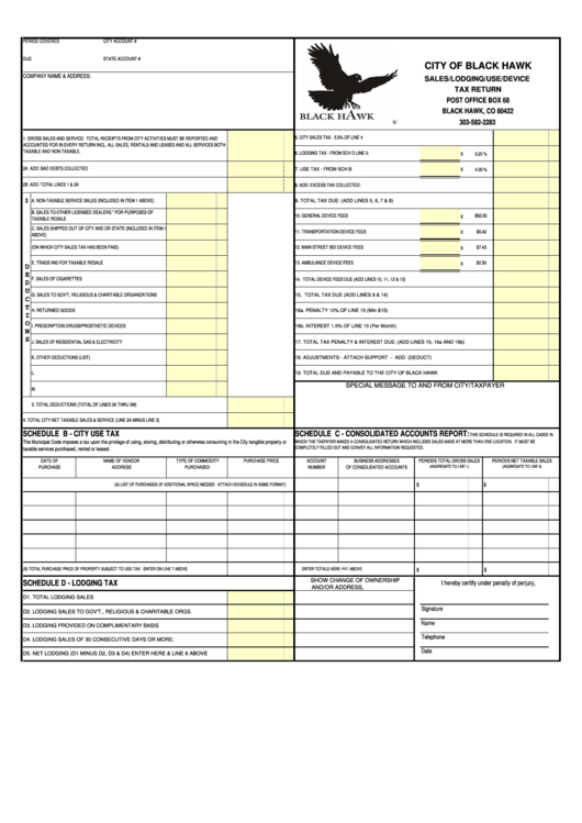 Fillable Sales/lodging/use/device Tax Return Form - City Of Black Hawk Printable pdf