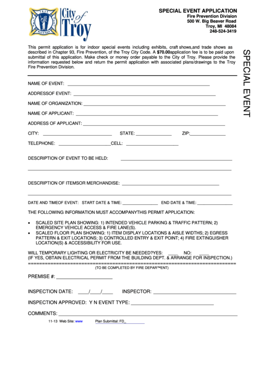 Special Event Permit Application Form Printable pdf