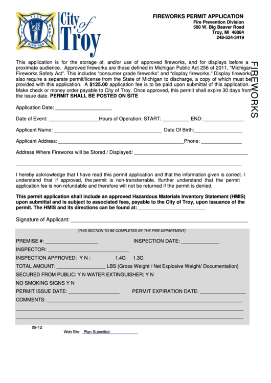 Fireworks Permit Application Form Printable pdf
