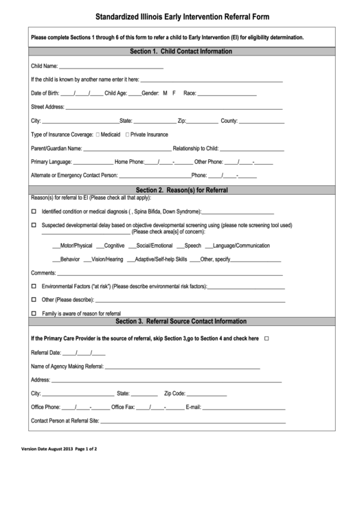 Standardized Illinois Early Intervention Referral Form Printable pdf