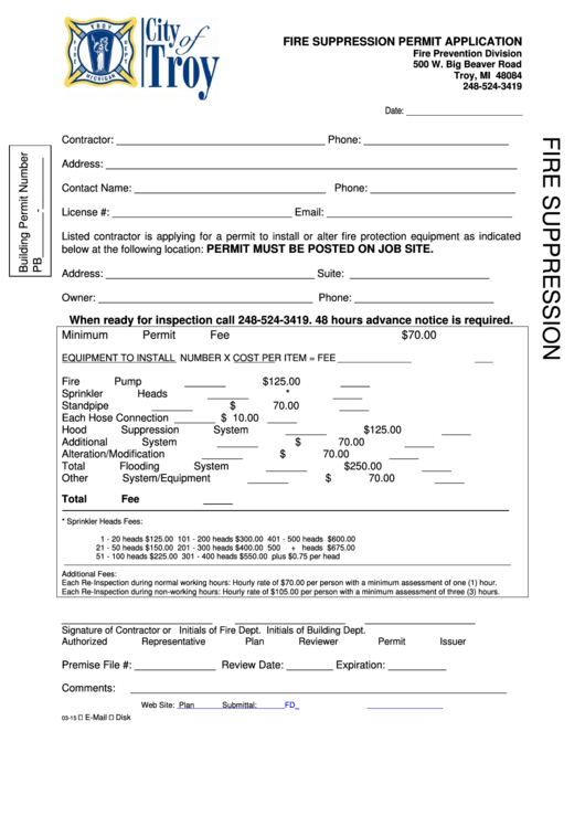 Fillable Fire Suppression Permit Application Form Printable pdf