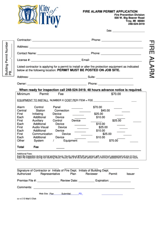 Fillable Fire Alarm Permit Application Form Printable pdf