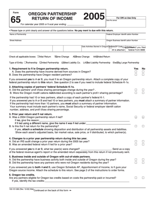 Fillable Form 65 - Oregon Partnership Return Of Income - 2005 Printable pdf