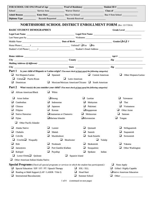 Northshore School District Enrollment Form Printable pdf