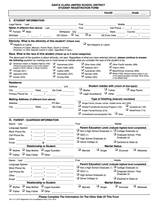 Fillable Santa Clara Unified School District Student Registration Form Printable pdf