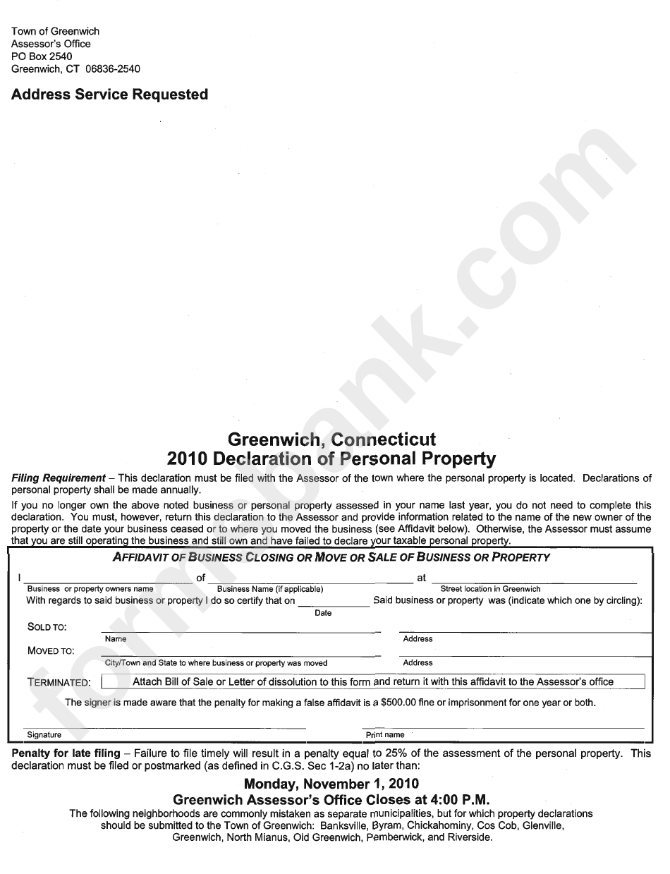 2010 Declaration Of Personal Property printable pdf download