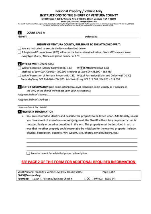 Fillable Personal Property/vehicle Levy Form - Ventura County, California Printable pdf