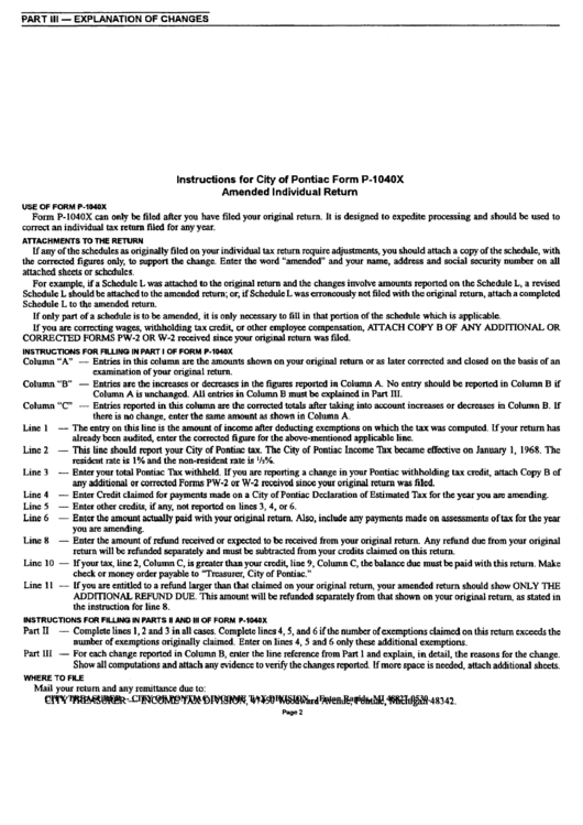 Instructions For City Of Pontiac Form P-1040x Amended Individual Return - State O Michigan Printable pdf