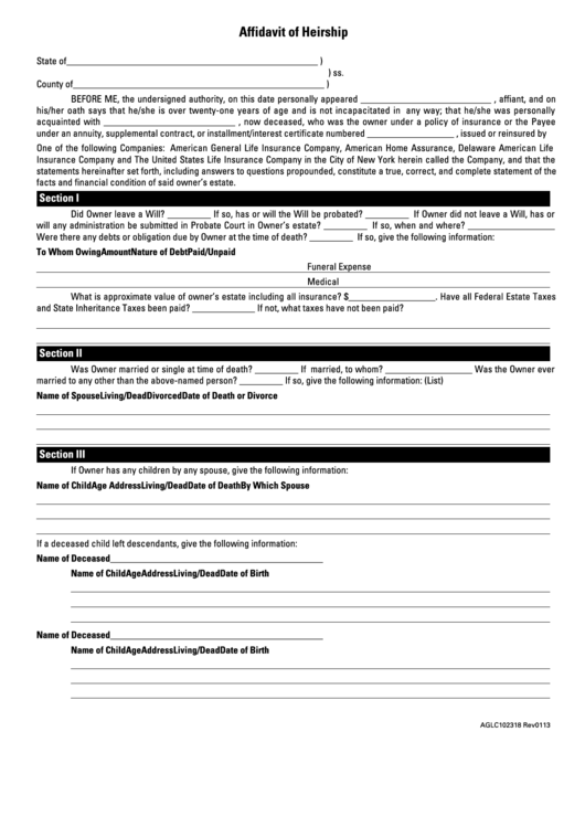 Fillable Affidavit Of Heirship Form Printable pdf