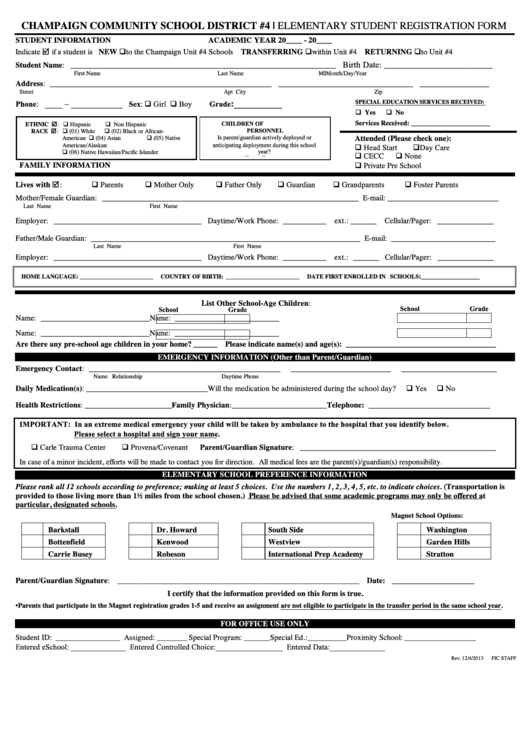 Elementary Student Registration Form - Champaign Community School District 4 Printable pdf