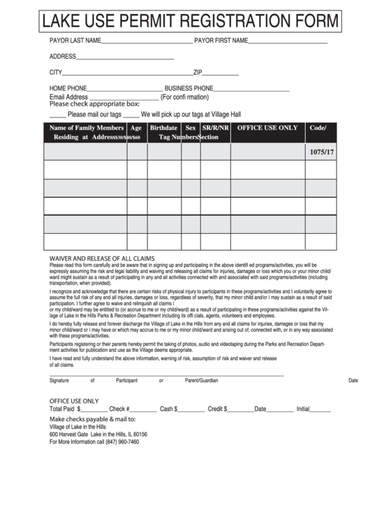 Lake Use Permit Registration Form - Village Of Lake In The Hills Printable pdf