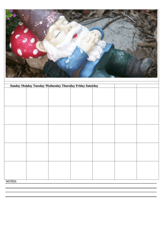 Sleeping Gnome Blank Monthly Calendar Template Printable pdf