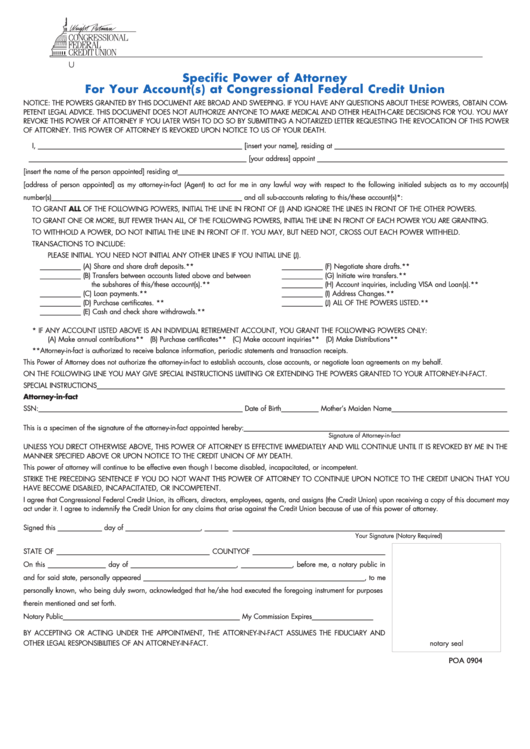 Specific Power Of Attorney Form - Congressional Federal Credit Union Printable pdf
