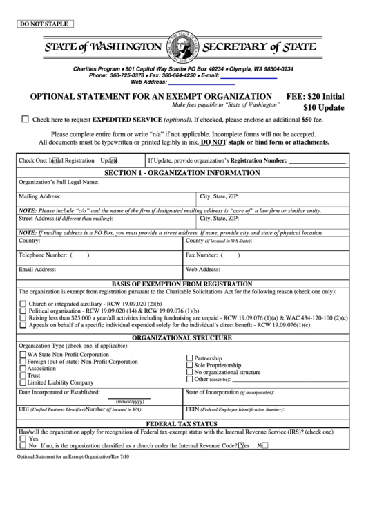 Fillable Optional Statement For An Exempt Organization printable pdf ...