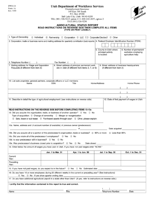Dws-U1 Form 1a - Agricultural Status Report Printable pdf