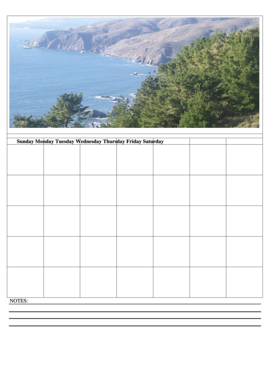 Shoreline View Blank Monthly Calendar Template Printable pdf