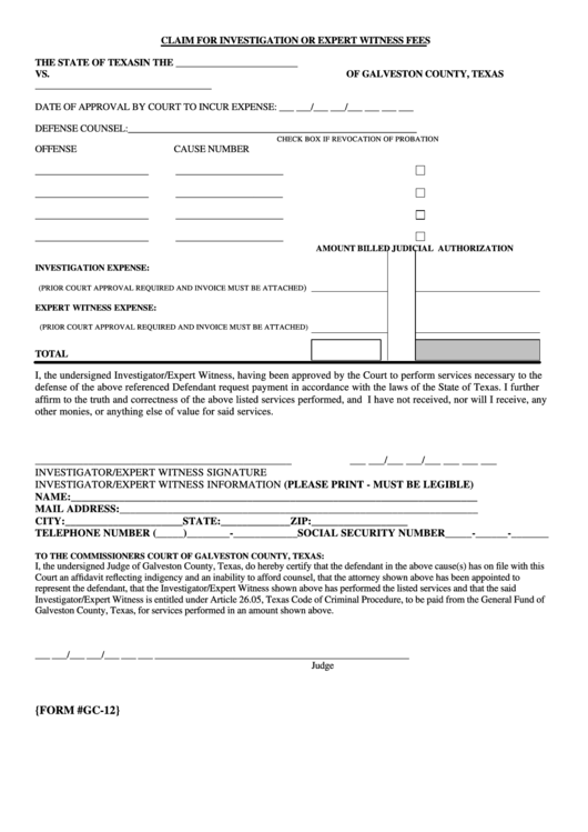 Form Gc-12 - Claim For Investigation Or Expert Witness Fees - Galveston County, Texas Printable pdf
