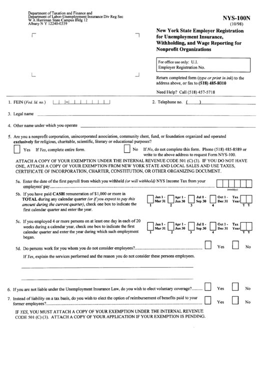 Form Nys-100n - New York State Employer Registration For Unemployment Insurance, Withholding, And Wage Reporting For Nonprofit Organizations Printable pdf