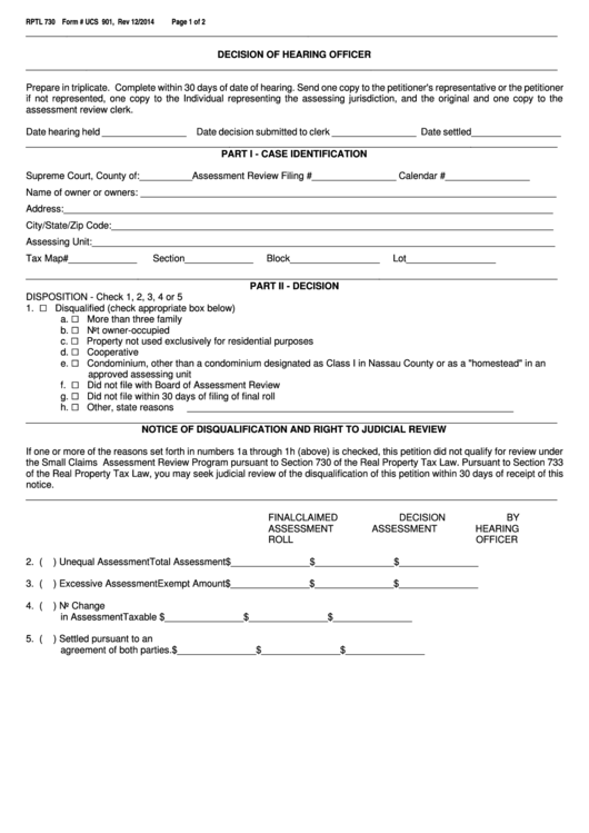 Form Ucs 901 - Decision Of Hearing Officer - 2014 printable pdf download