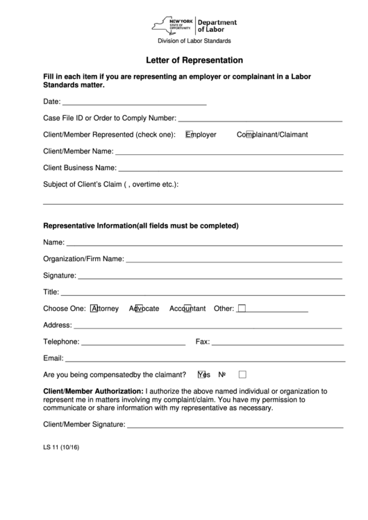 Form Ls 11 - Letter Of Representation - New York State - Department Of Labor Printable pdf