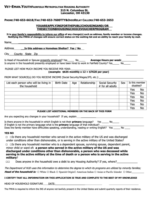 Application For The Public Housing And/or The Section 8 Housing Choice Voucher Program Sheet Printable pdf