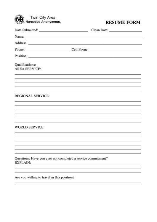 Resume Form - Narcotics Anonymous Printable pdf
