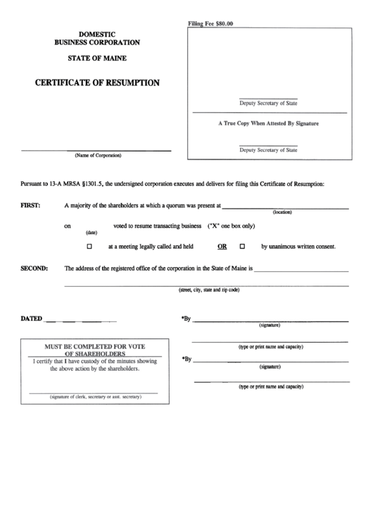 Form Mbca-14a - Certificate Of Resumption - State Of Maine Printable pdf