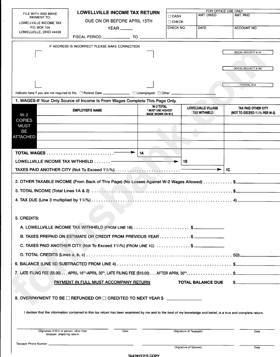 Lowellville Income Tax Return Form - State Of Ohio