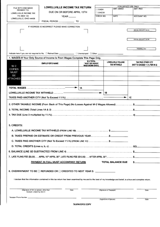 Lowellville Income Tax Return Form - State Of Ohio Printable Pdf Download