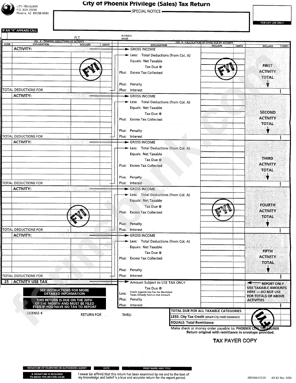 Form 39550412520 - City Of Phoenix Privilege (Sales) Tax Return - State Of Arizona