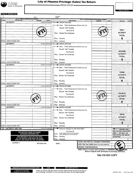 Form 39550412520 - City Of Phoenix Privilege (Sales) Tax Return - State Of Arizona Printable pdf