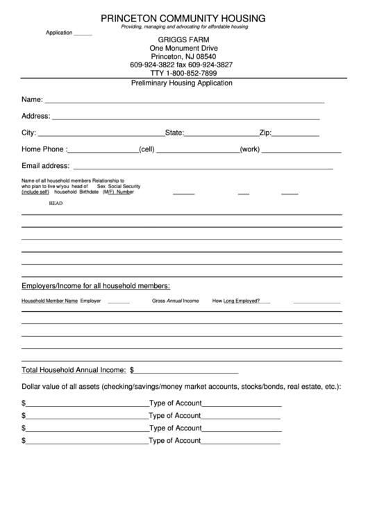 Preliminary Housing Application Template - 2013 Printable pdf