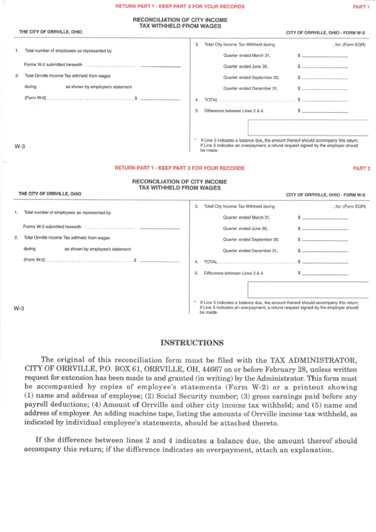Form W-3 - Reconciliation Of City Income Tax Withheld From Wages Printable pdf