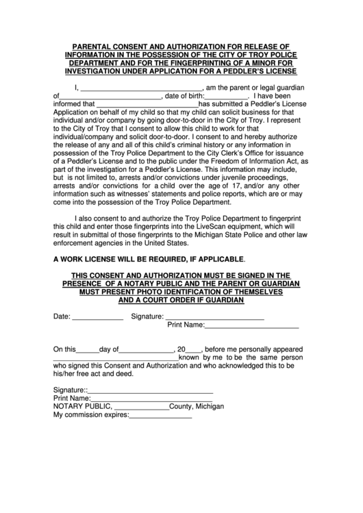 Parental Consent And Authorization For Release Of Information In The Possession Of The City Of Troy Police Department And For The Fingerprinting Of A Minor For Investigation Under Application Form For A Peddler