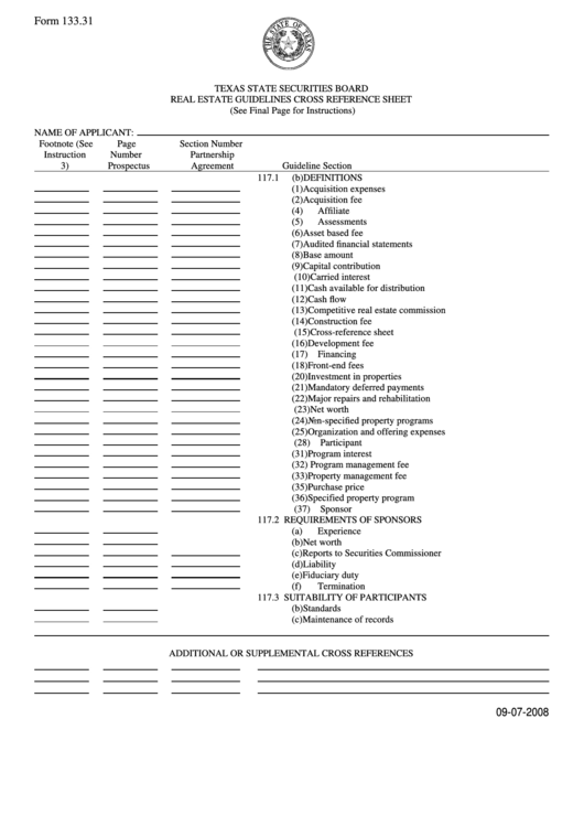 Form 133.31 - Real Estate Guidelines Cross Reference Sheet Printable pdf