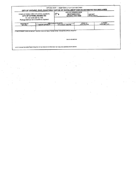 City Of Ontario, Ohio, Quarterly Notice Form Of Installment Due On Estimated Tax Declared Printable pdf