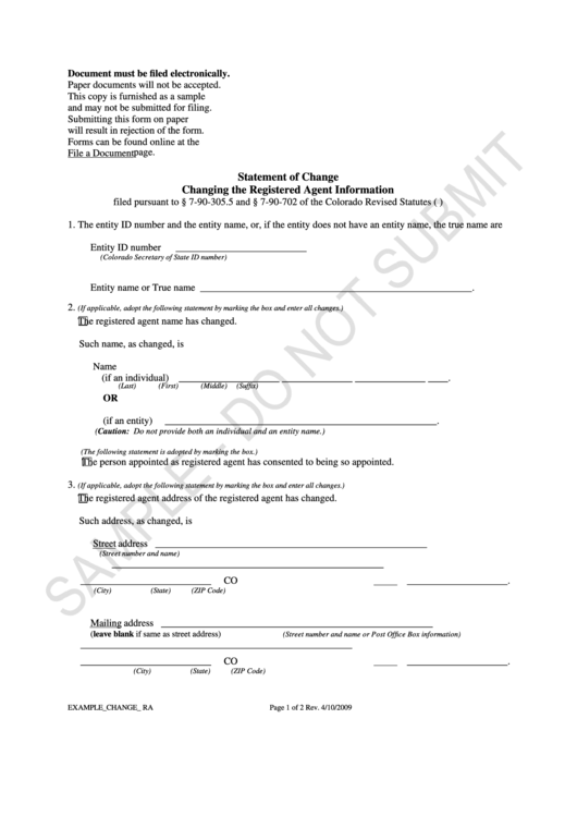 Statement Of Change - Changing The Registered Agent Information Printable pdf