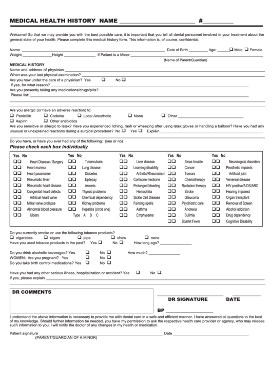 Medical Health History Form Printable pdf