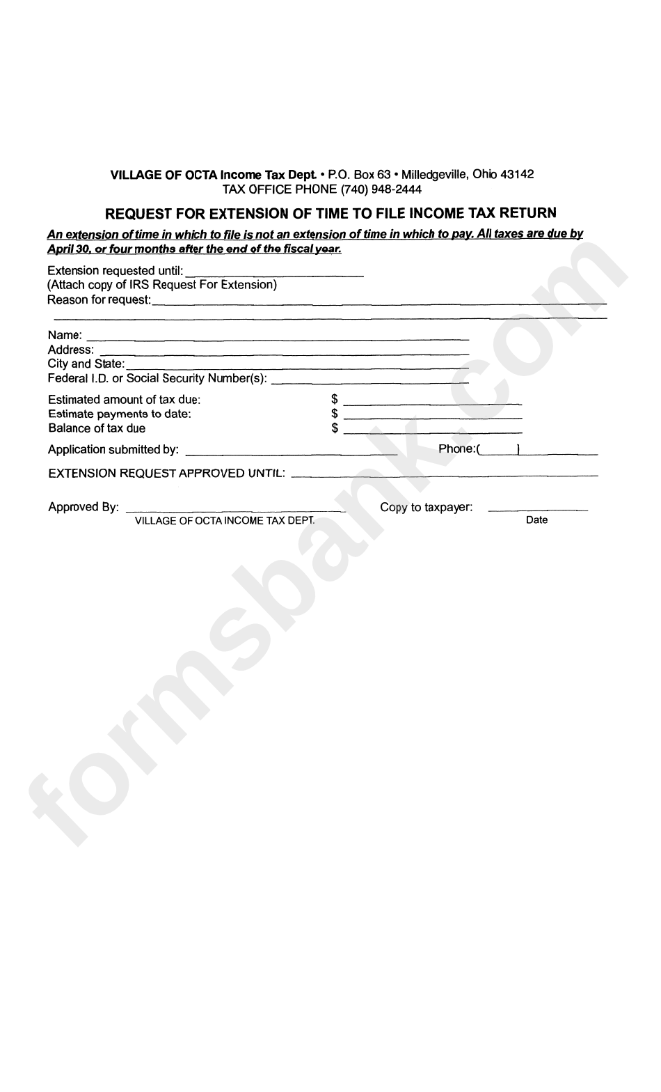 Request For Extension Of Time To File Income Tax Return Form - State Of Ohio