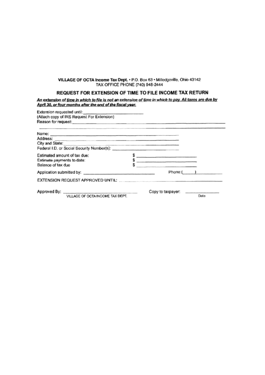 Request For Extension Of Time To File Income Tax Return Form - State Of Ohio Printable pdf