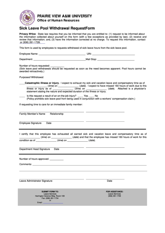 Fillable Sick Leave Pool Withdrawal Request Form Printable pdf