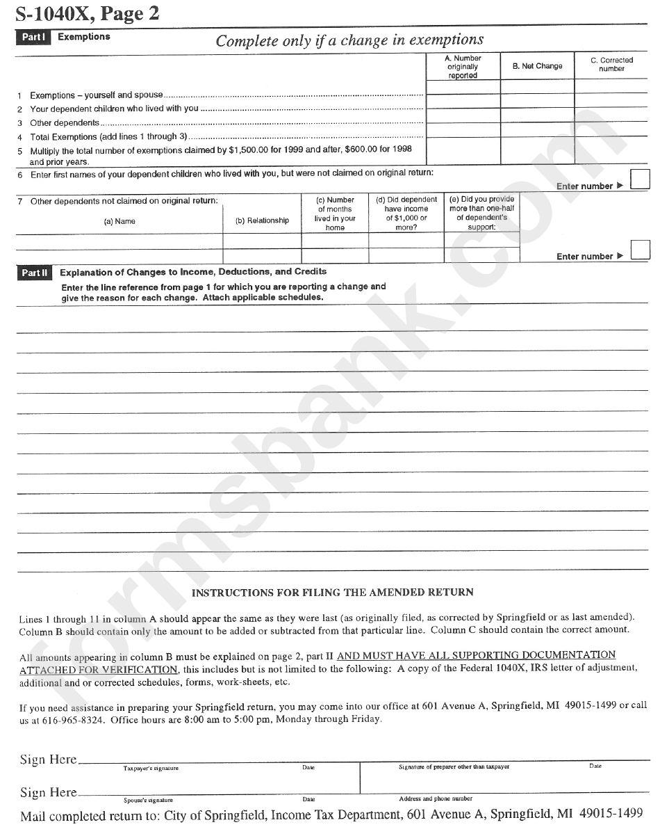 Form S-1040x - Amended Return - State Of Michigan
