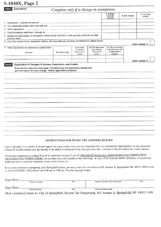 Form S-1040x - Amended Return - State Of Michigan Printable pdf