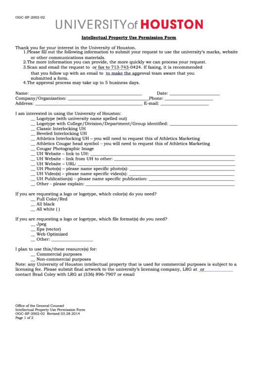 Fillable Form Ogc-Sf-2002-02 - Intellectual Property Use Permission Printable pdf