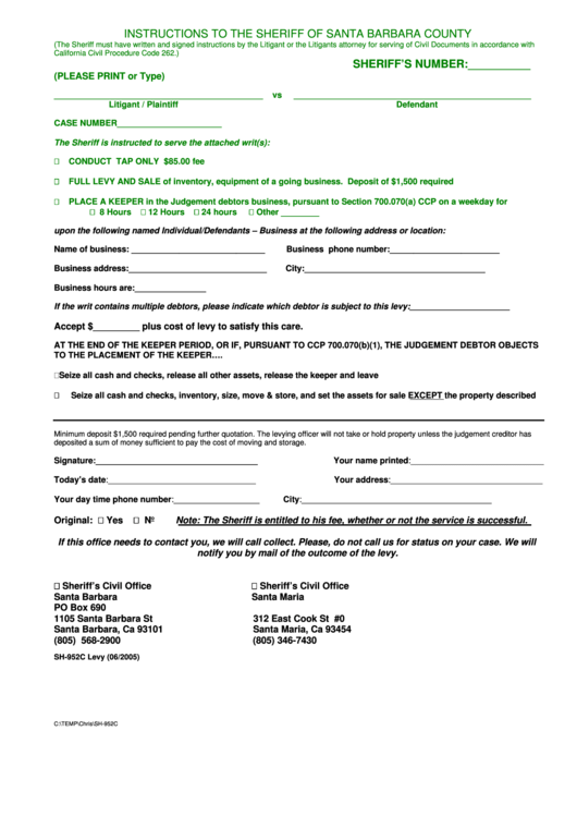 Instructions To The Sheriff Of Santa Barbara County Printable pdf