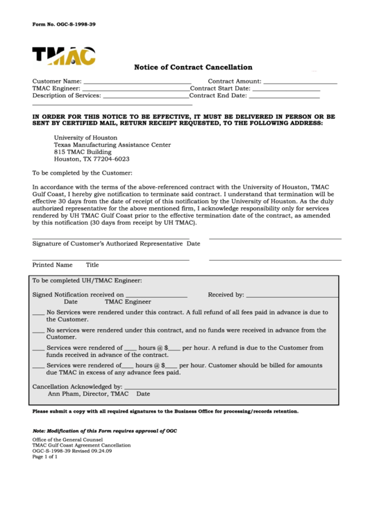 Fillable Form Ogc-S-1998-39 - Notice Of Contract Cancellation Printable pdf