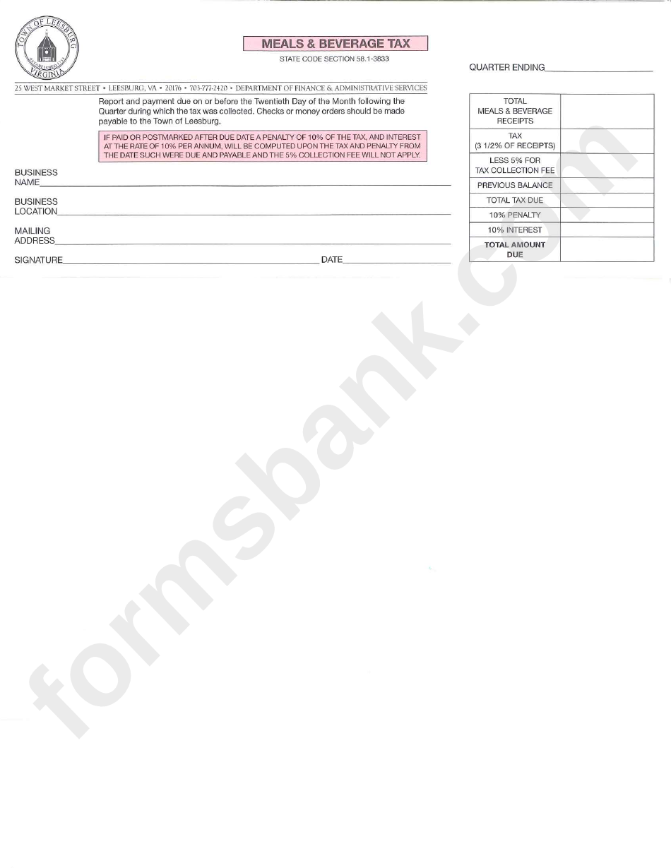 Meals&beverage Tax Form - State Of Virginia