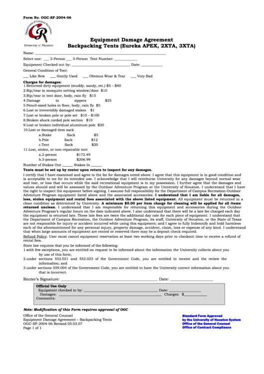 Form Ogc-Sf-2004-06 - Equipment Damage Agreement Backpacking Tents (Eureka Apex, 2xta, 3xta) Printable pdf