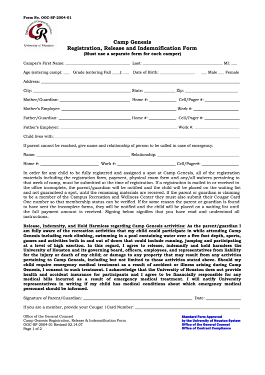 Fillable Form Ogc-Sf-2004-01 - Camp Genesis Registration, Release And Indemnification Printable pdf